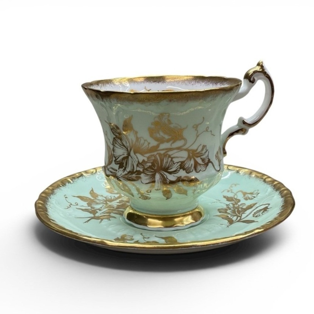 Paragon Bone China Celadon Gold Floral Gilt Teacup‎ & Saucer Set (1955-1965)